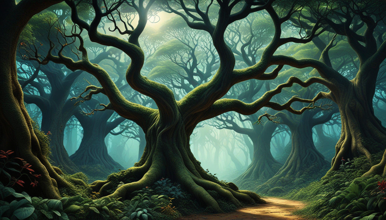 Whimsical Tapestry Forest Scene in Surrealist Style