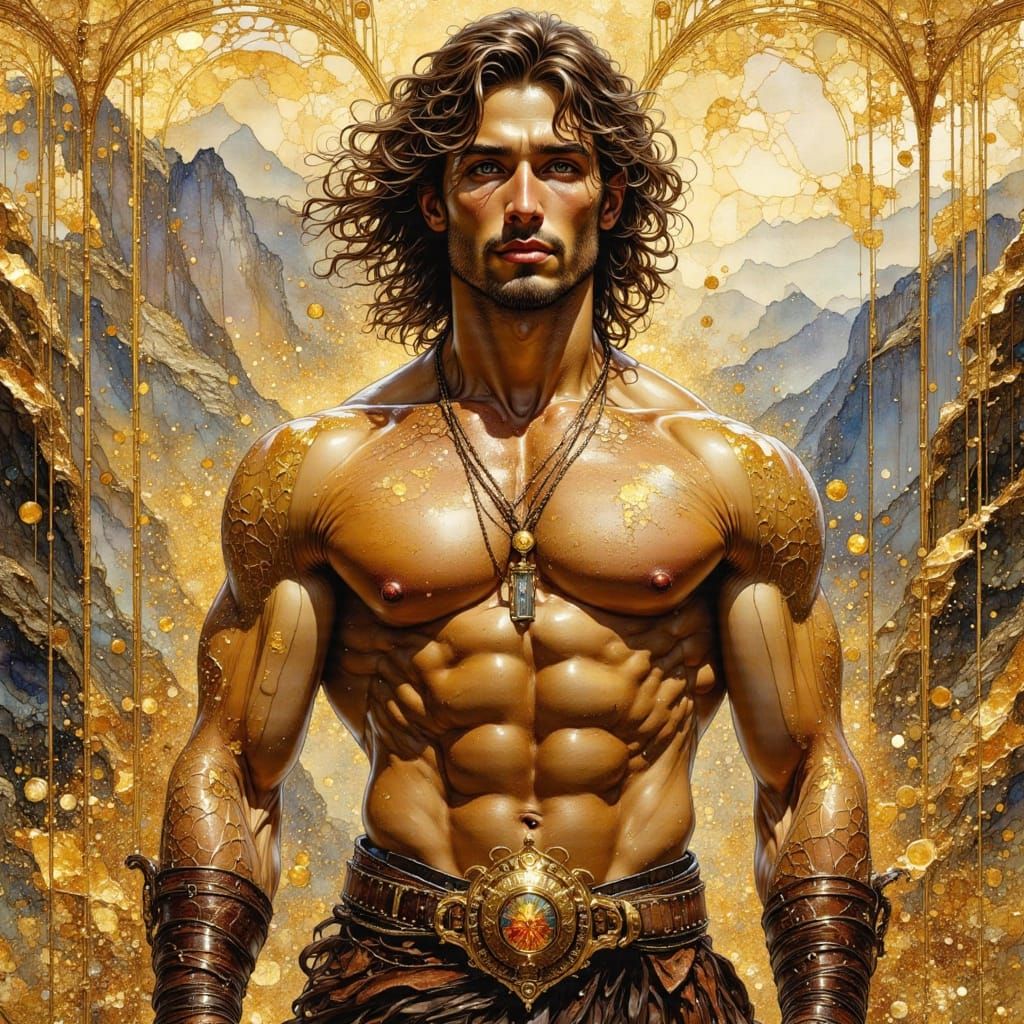 Muscular Man in Mountainous Landscape as Art Nouveau Portrai...