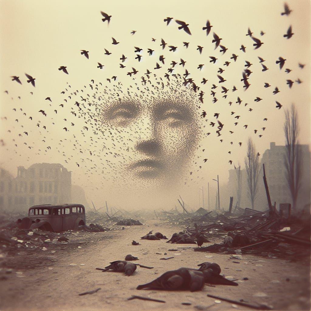 Sparrow Flock Forms Face in Apocalyptic Sky