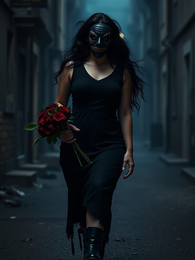 Surreal Middle Eastern Woman in Leather Mask, Dark Dress, an...