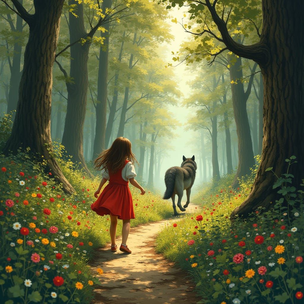 Whimsical Girl Flees Through Vibrant Forest in Warm Sunlight