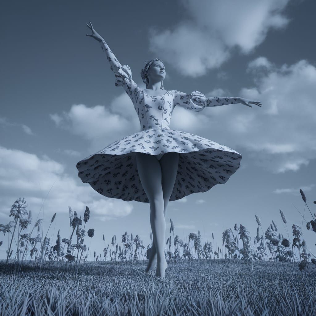 Whimsical Monochromatic Dancer in a Springtime Meadow