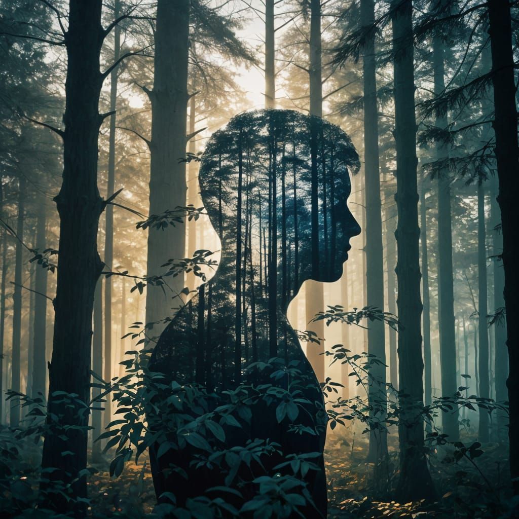 Double Exposure Artwork: Human Silhouette in Nature