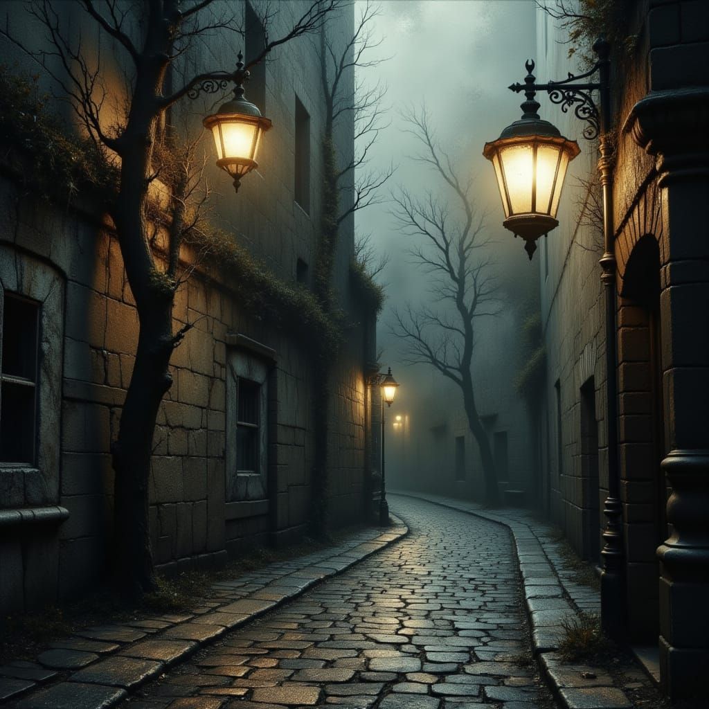 Ancient Streetlamp Guards Deserted Cobblestone Street at Dus...