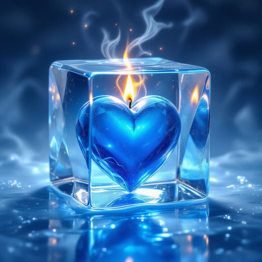 Blue Heart Burning Within Icy Cube in Ethereal Mist