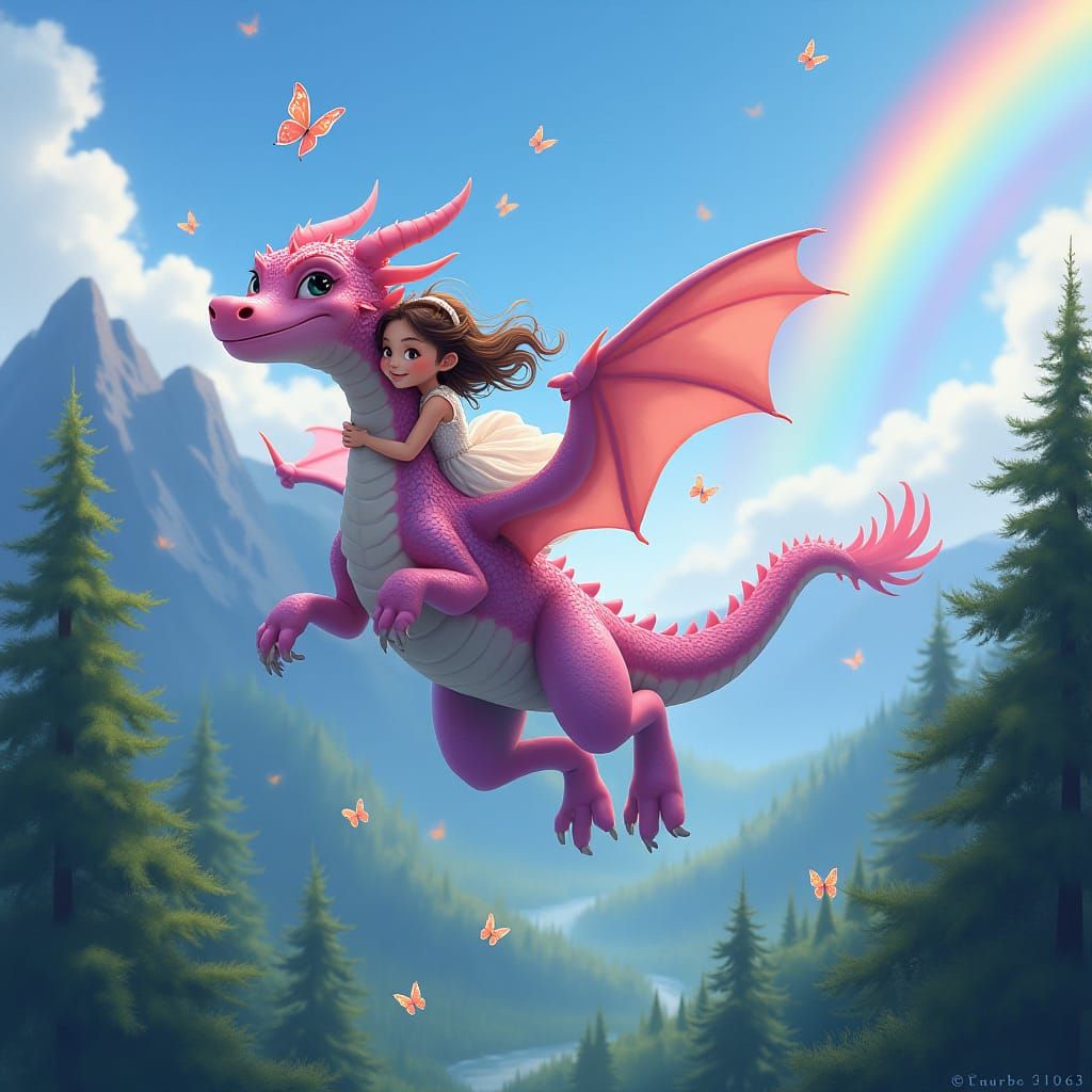 Pink Dragon and Girl Soaring to Blue Mountain
