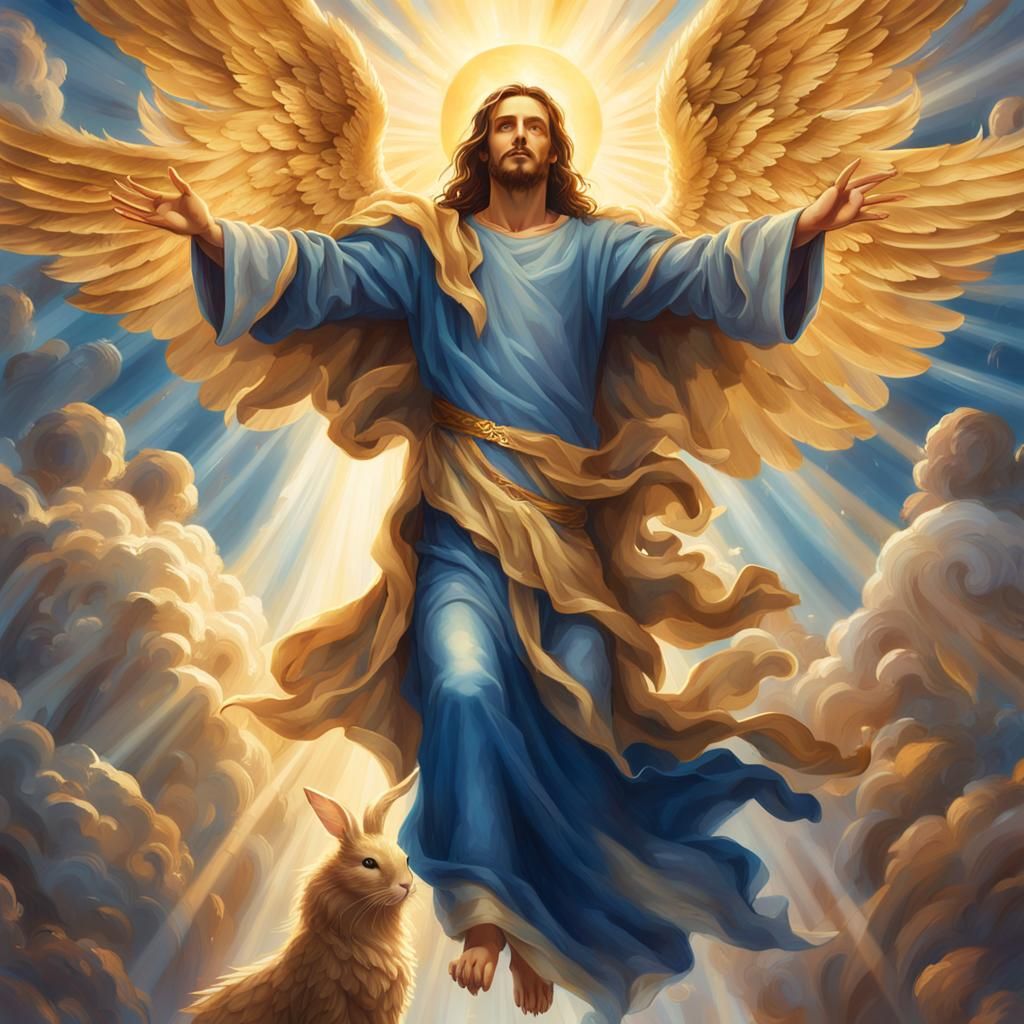 Golden Angelic Jesus Christ Holds a Bunny in a Baroque-Inspi...