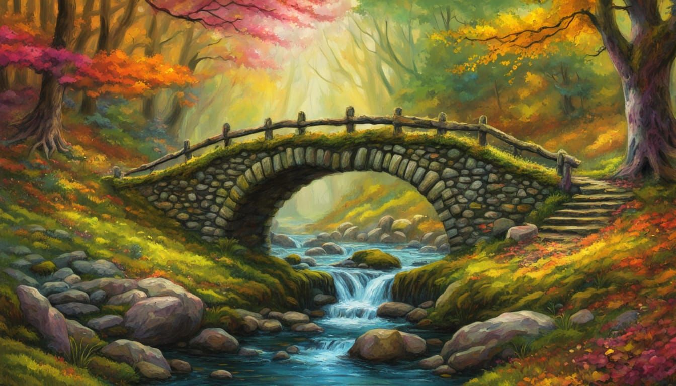Autumnal Bridge in Neo-Impressionist Oil Painting