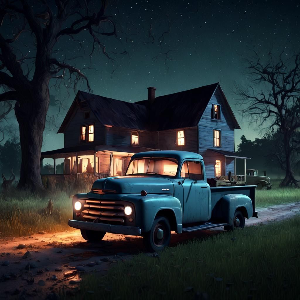 Eerie Zombiecore Scene: 1950s Truck at Farmhouse