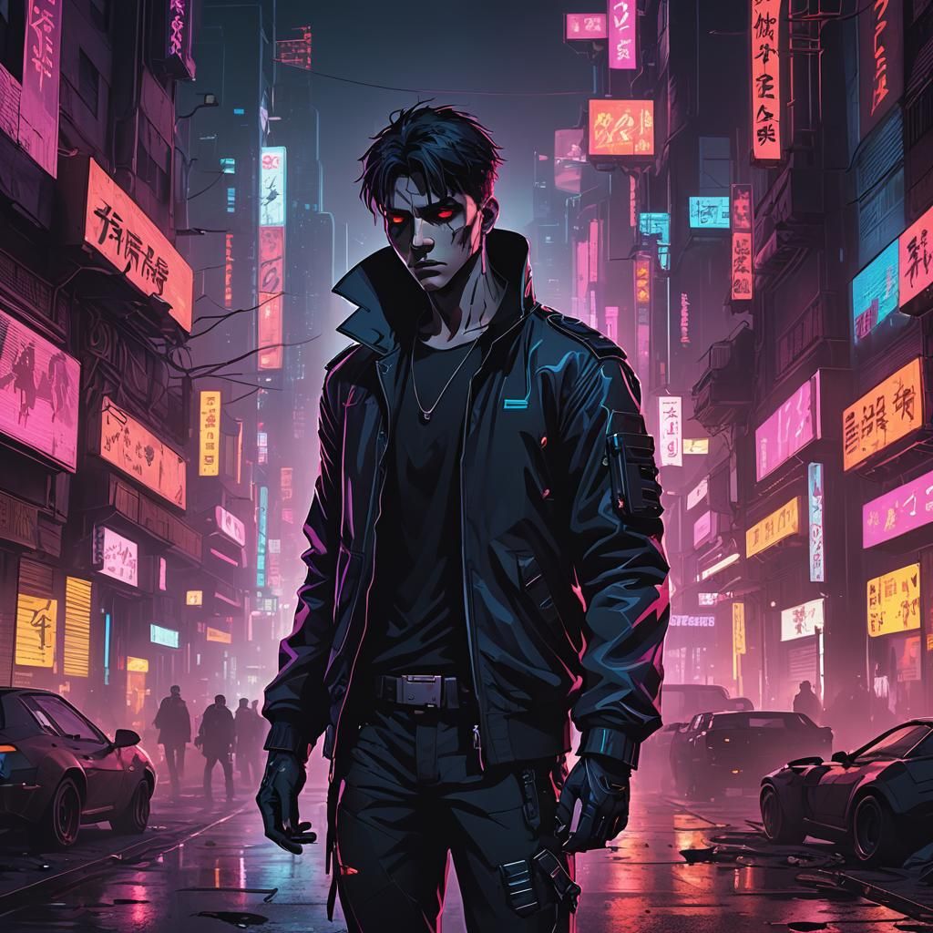 Vampire Boy in Neon Cyberpunk City: 80s Anime Style