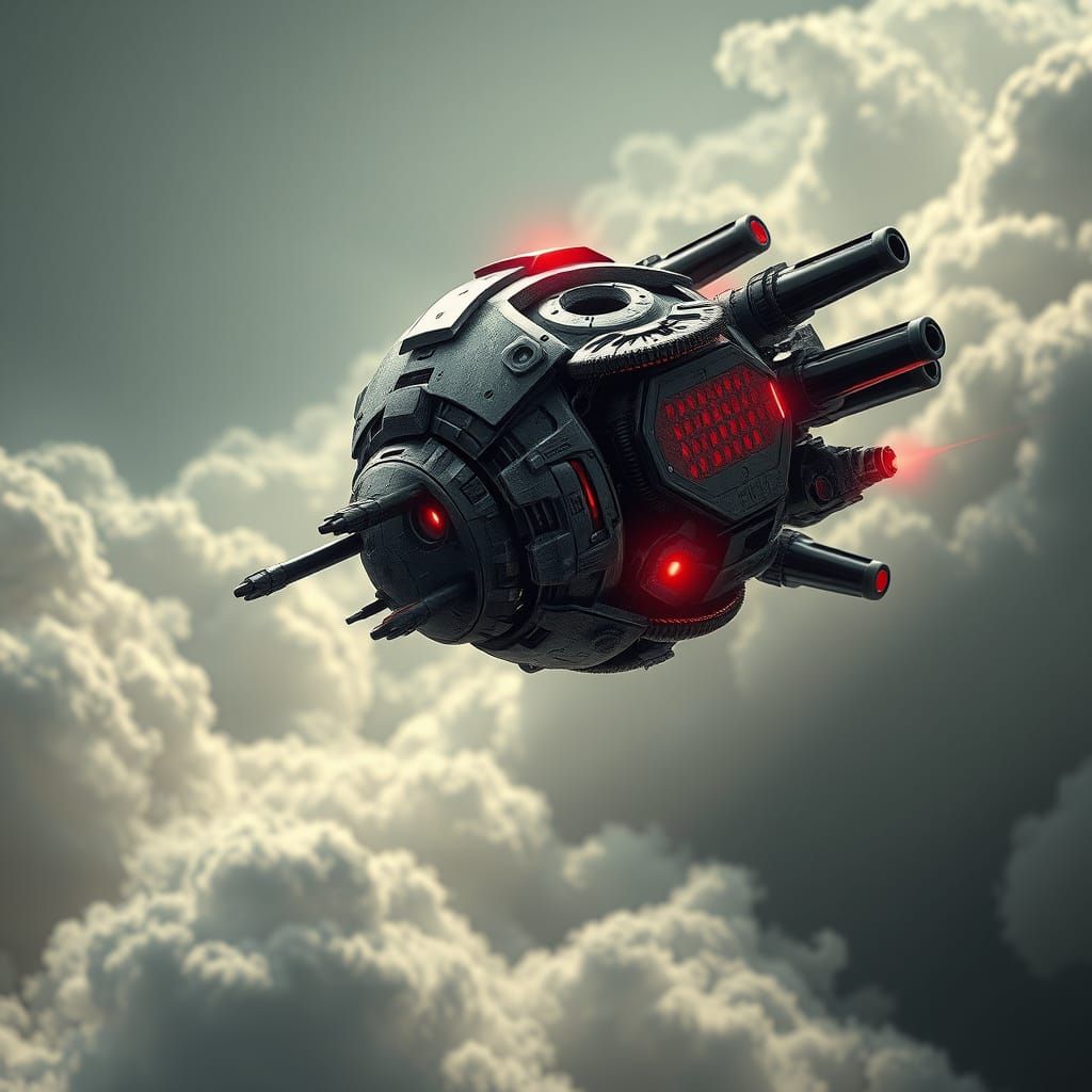 Cyberpunk Robot Sphere Unleashes Fury in Dystopian Skies