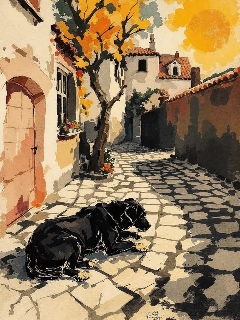 Dog in Sun: Geometric Earth Tones with Calligraphic Brushwor...