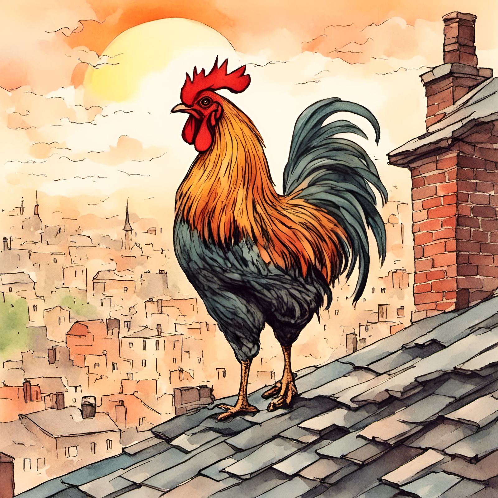 Rooster Crowing on Rooftop at Sunrise
