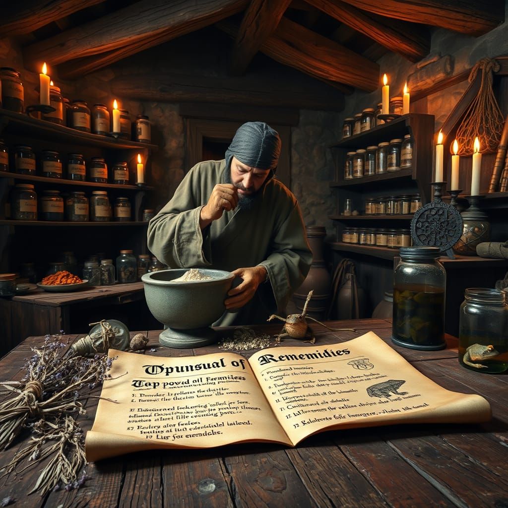 Medieval Apothecary Workshop in Dimly Lit Rustic Setting