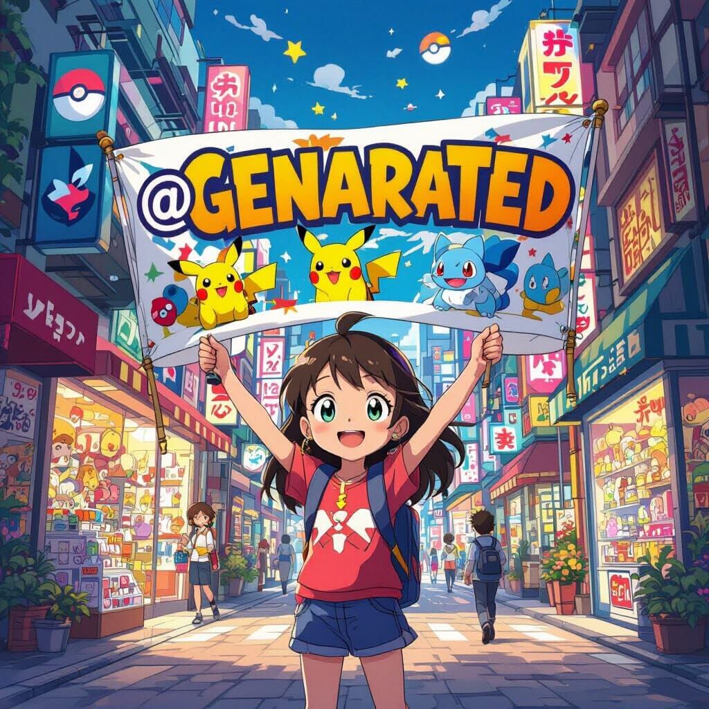 Girl Holds Pokemon Banner in Vibrant City Street