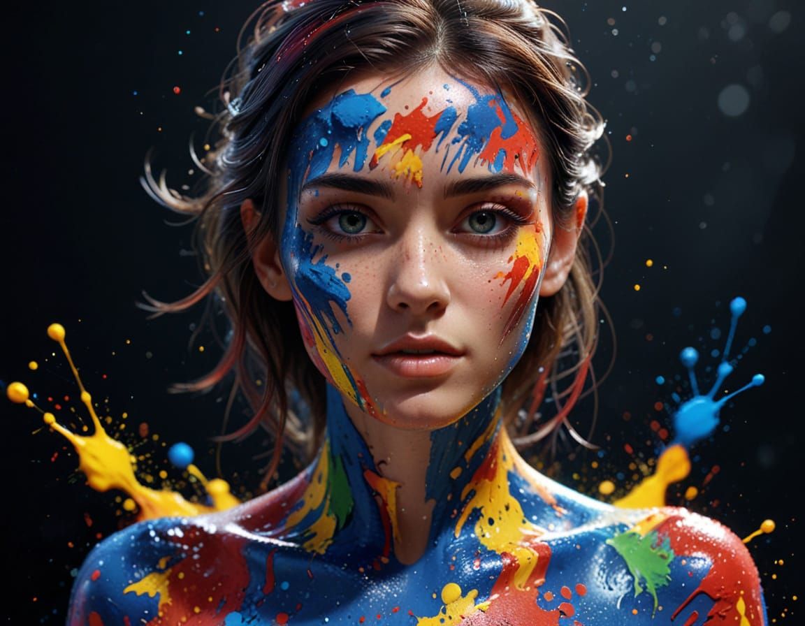 Girl with Shimmering Body Paint in Splatter Art Style