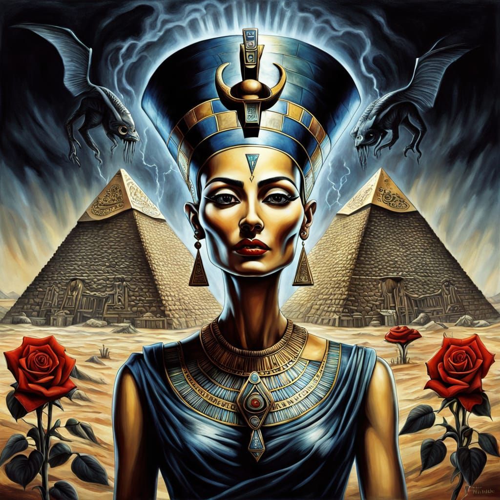 Gothic Nefertiti Portrait with Haunted Hearts and Roses