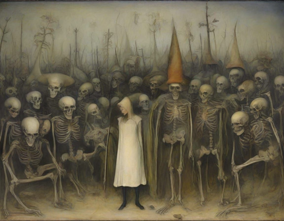 Eerie Skeleton Witch in Dark Oil Painting