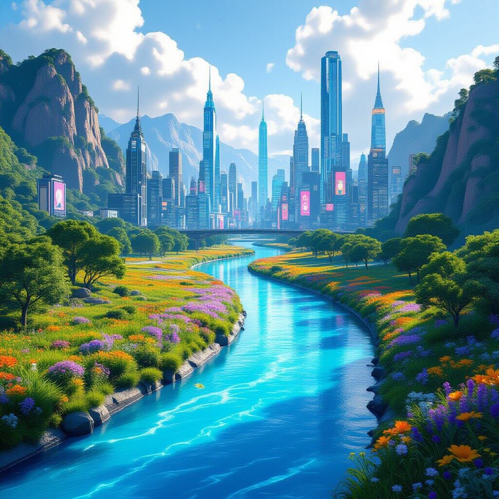 Blue River Divides Nature and Cityscape in Detailed Matte Pa...