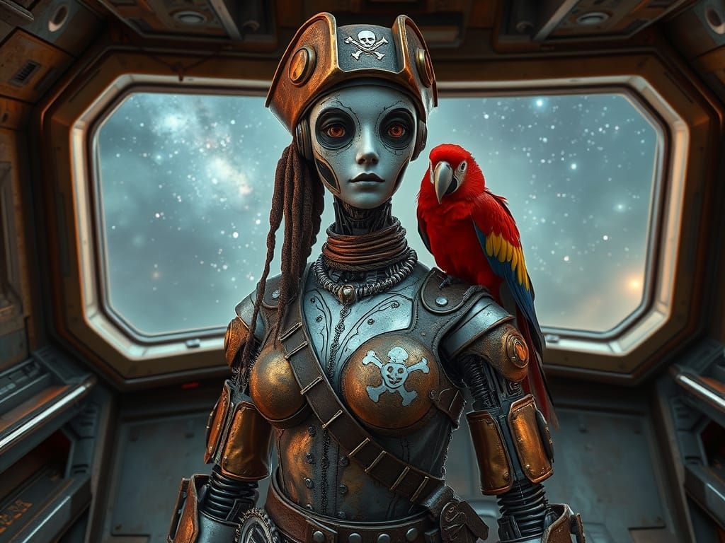 Cyborg Pirate Captain with Red Parrot on Spaceship Bridge