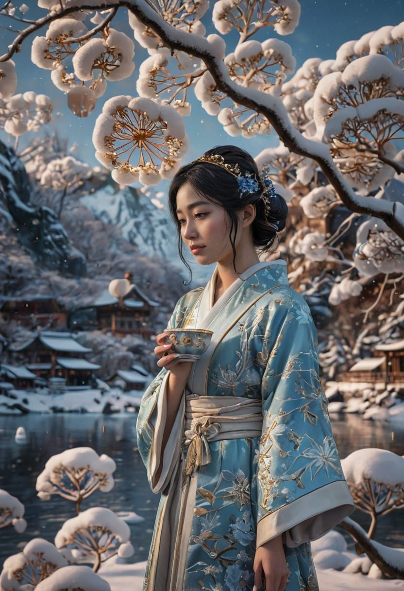 Japanese Woman in Evening Teatime, Snowy Lake Scene
