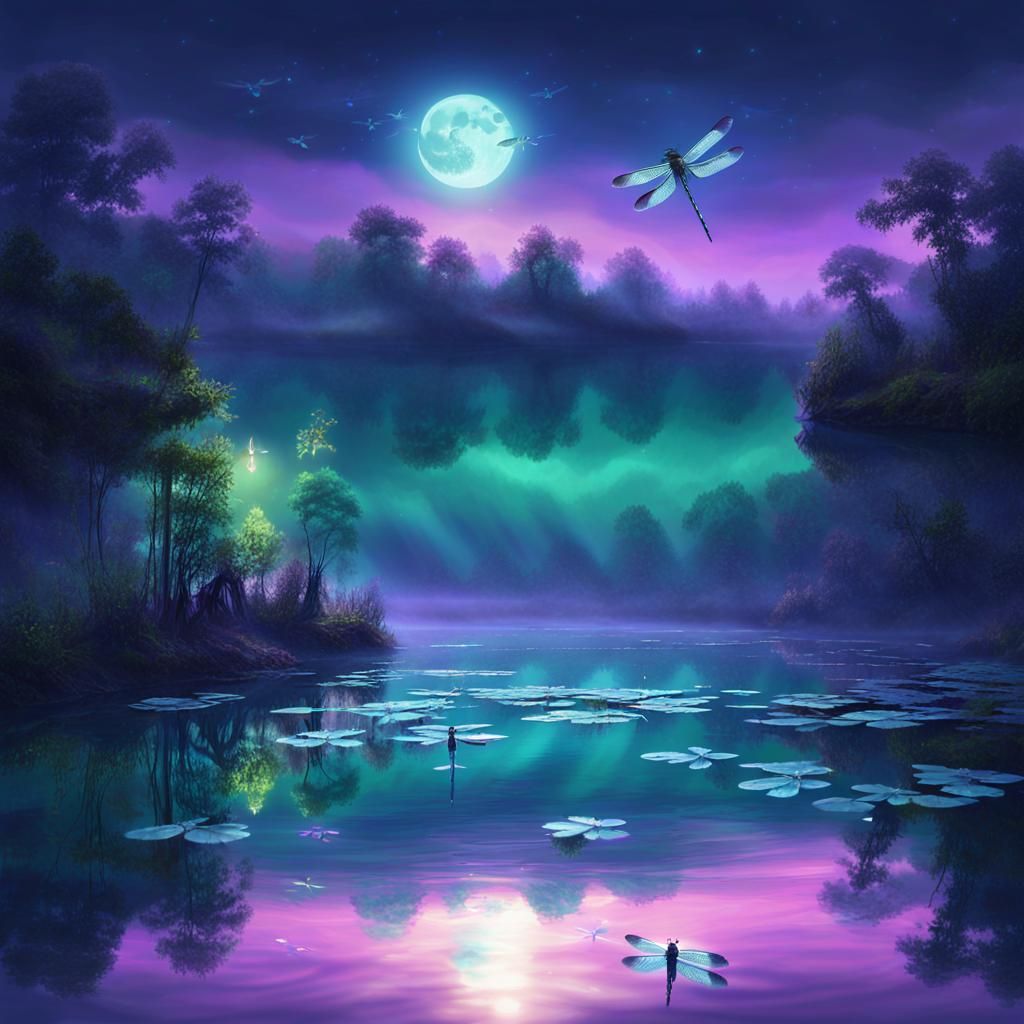 Dragonflies Dancing on a Moonlit Lake