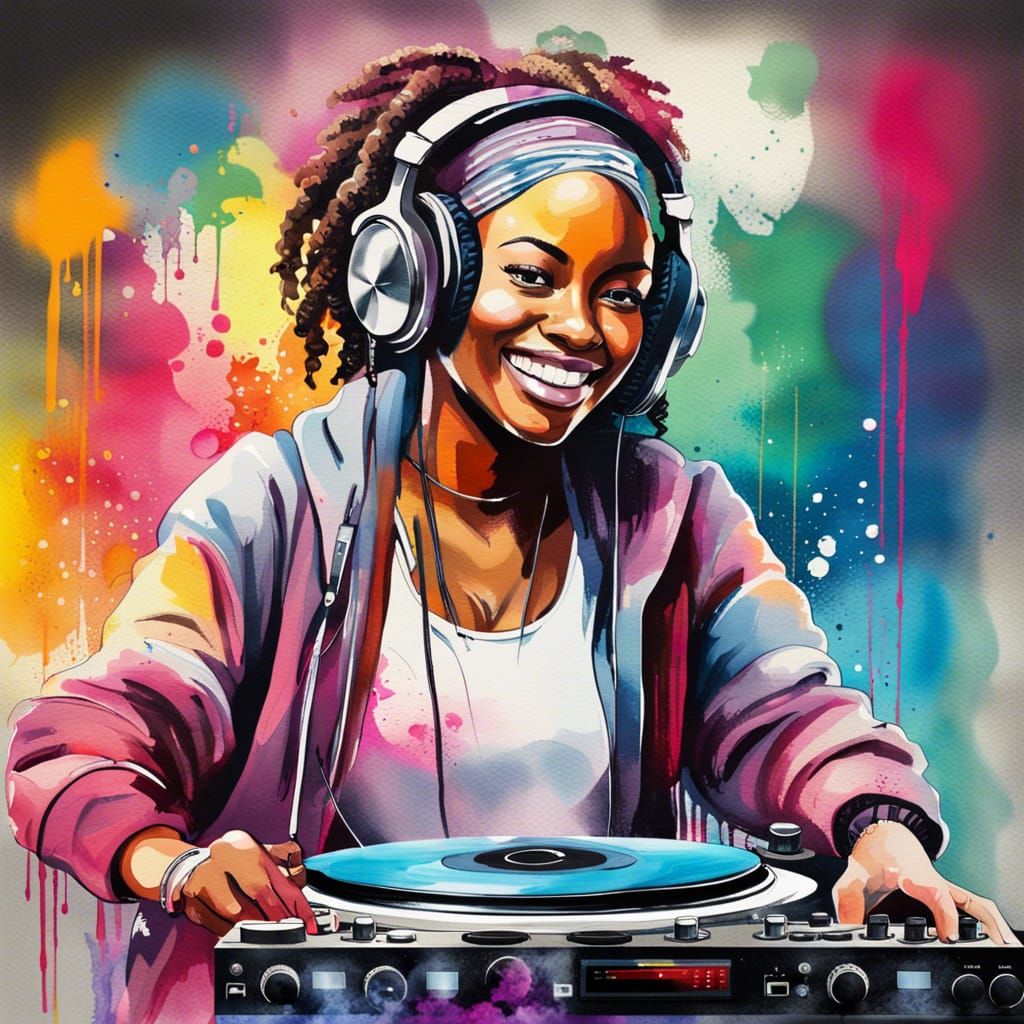 Colorful Watercolor DJ Portrait in Graffiti Style