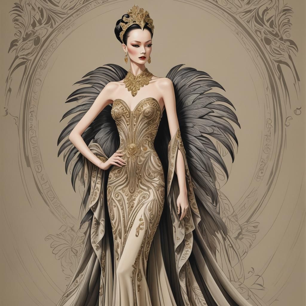 Elegant Art Deco Erte Couture Illustration