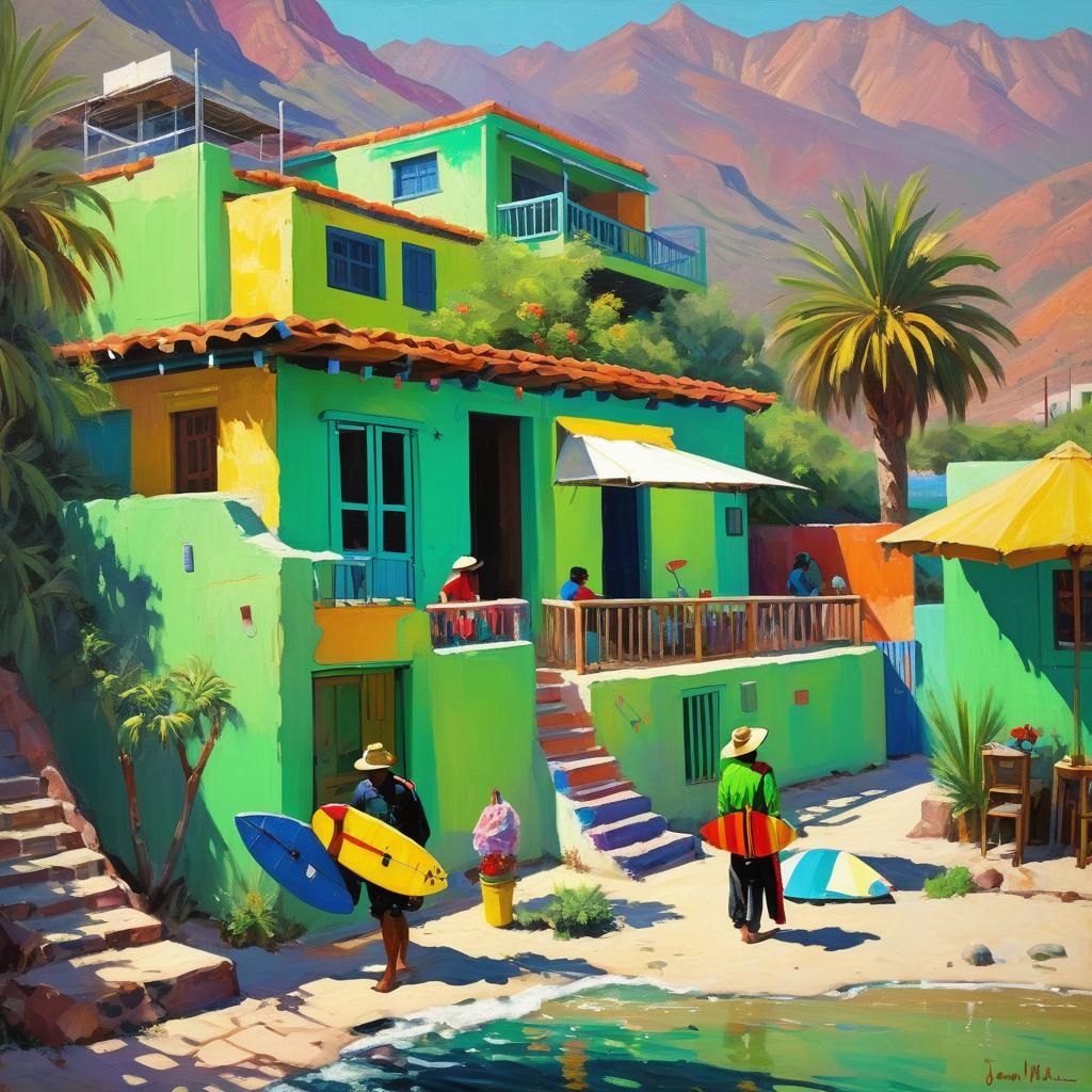 Vibrant Mexican Beach Hostel: Impasto Oil Painting