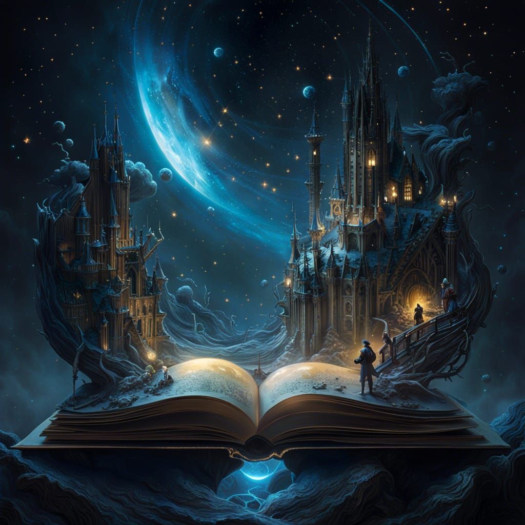 Sci-Fi World Emerges from Book, Digital Illustration