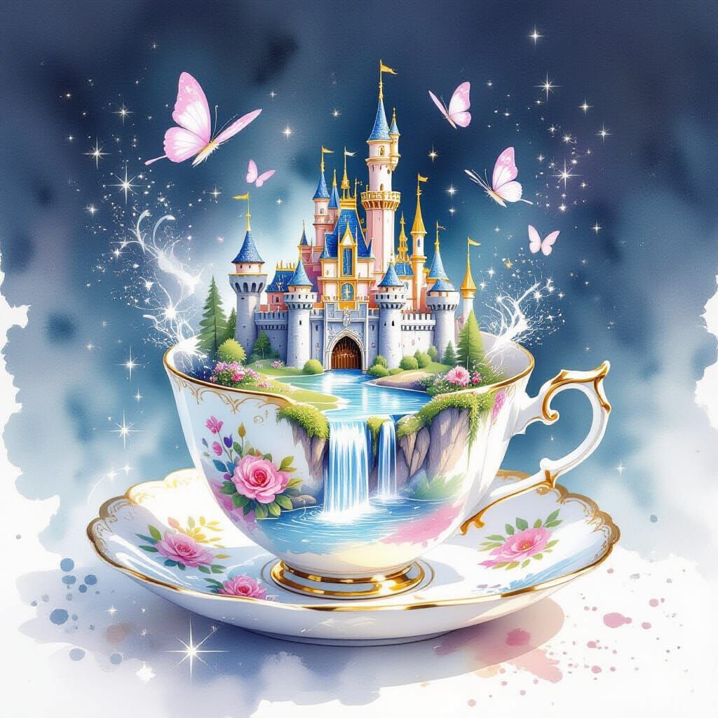 Enchanted Teacup Realm in Watercolor Dreamscape