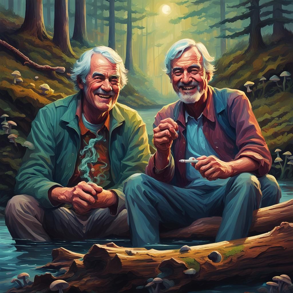 Trippy Forest Scene with Two Men Smoking
