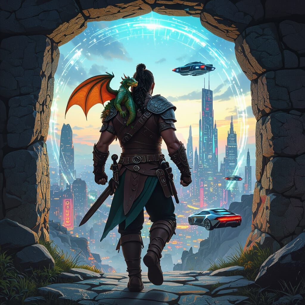 Celtic Warrior and Dragon Soaring Through Portal