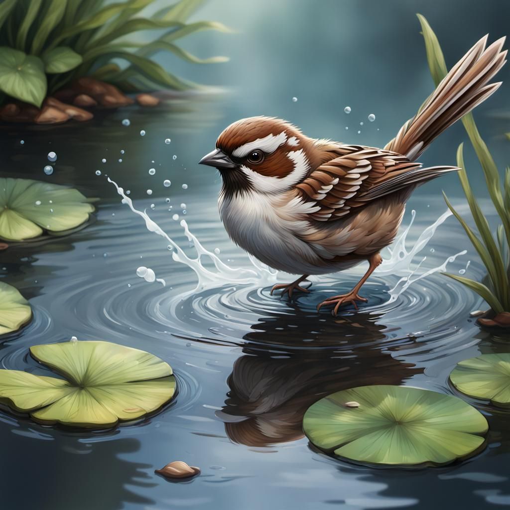 Sparrow Splashing in Pond: Digital Art
