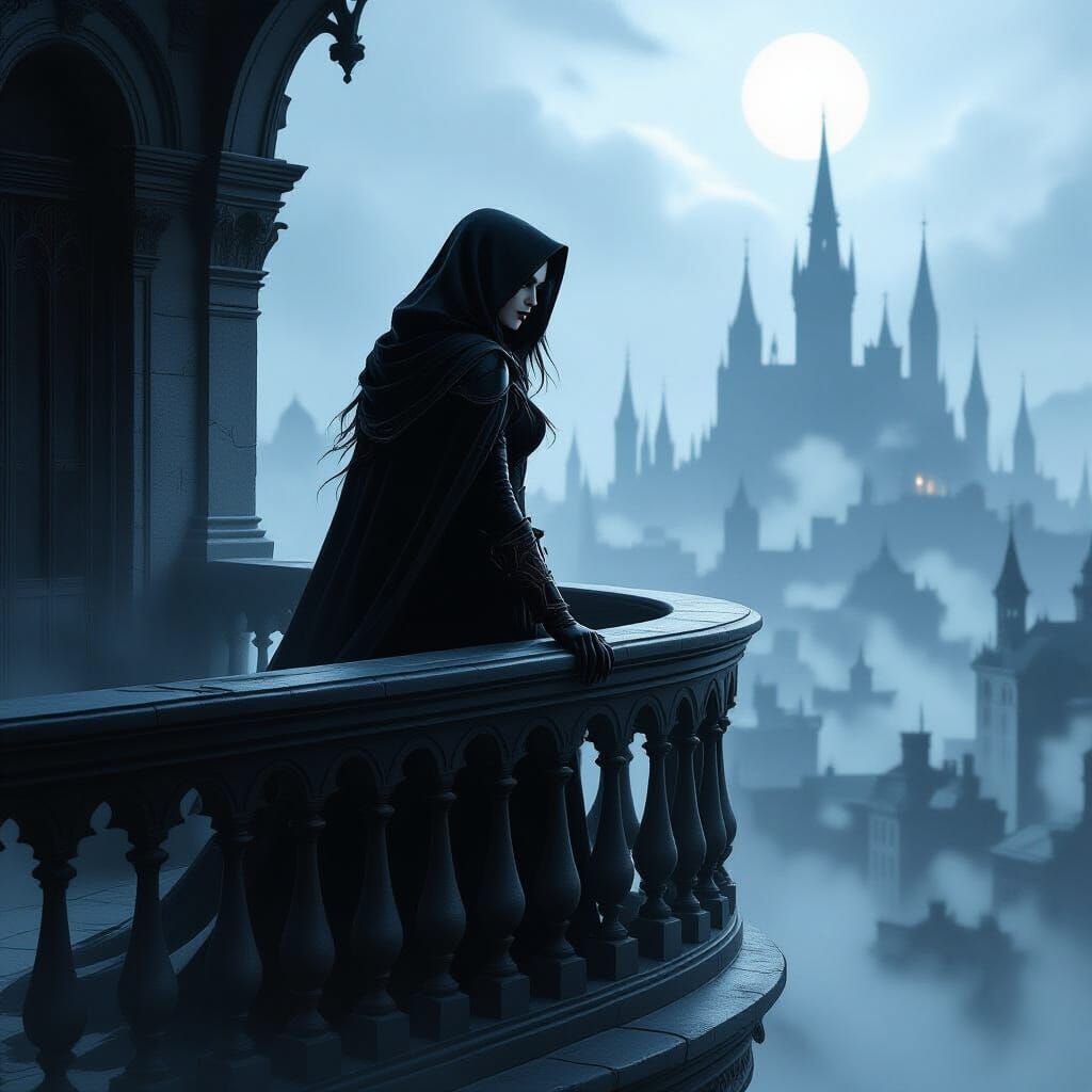 Gothic Vampire Hunter on Misty Balcony
