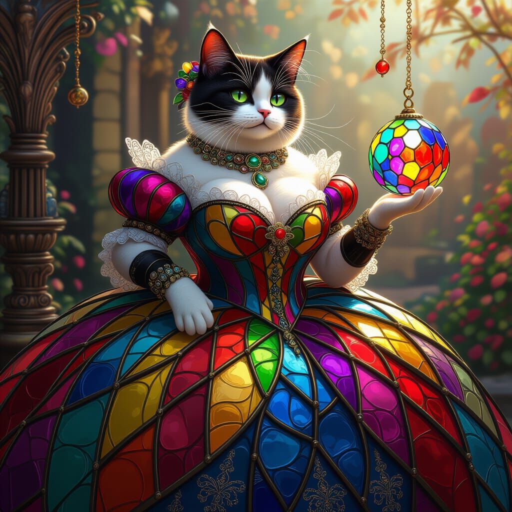 Cat in Stained Glass Ballgown: Fantastical Matte Painting