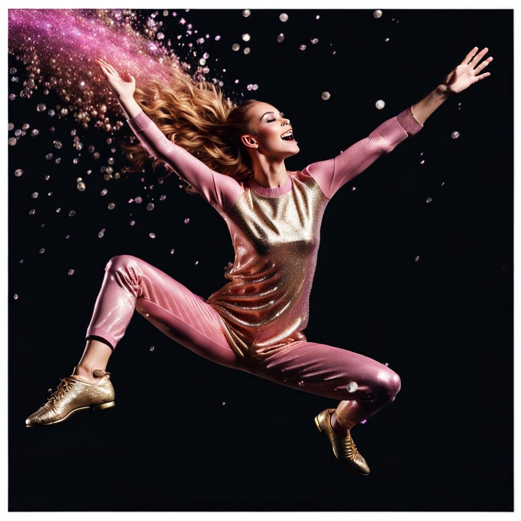 Model Jumping in Joy on Rainbow Background