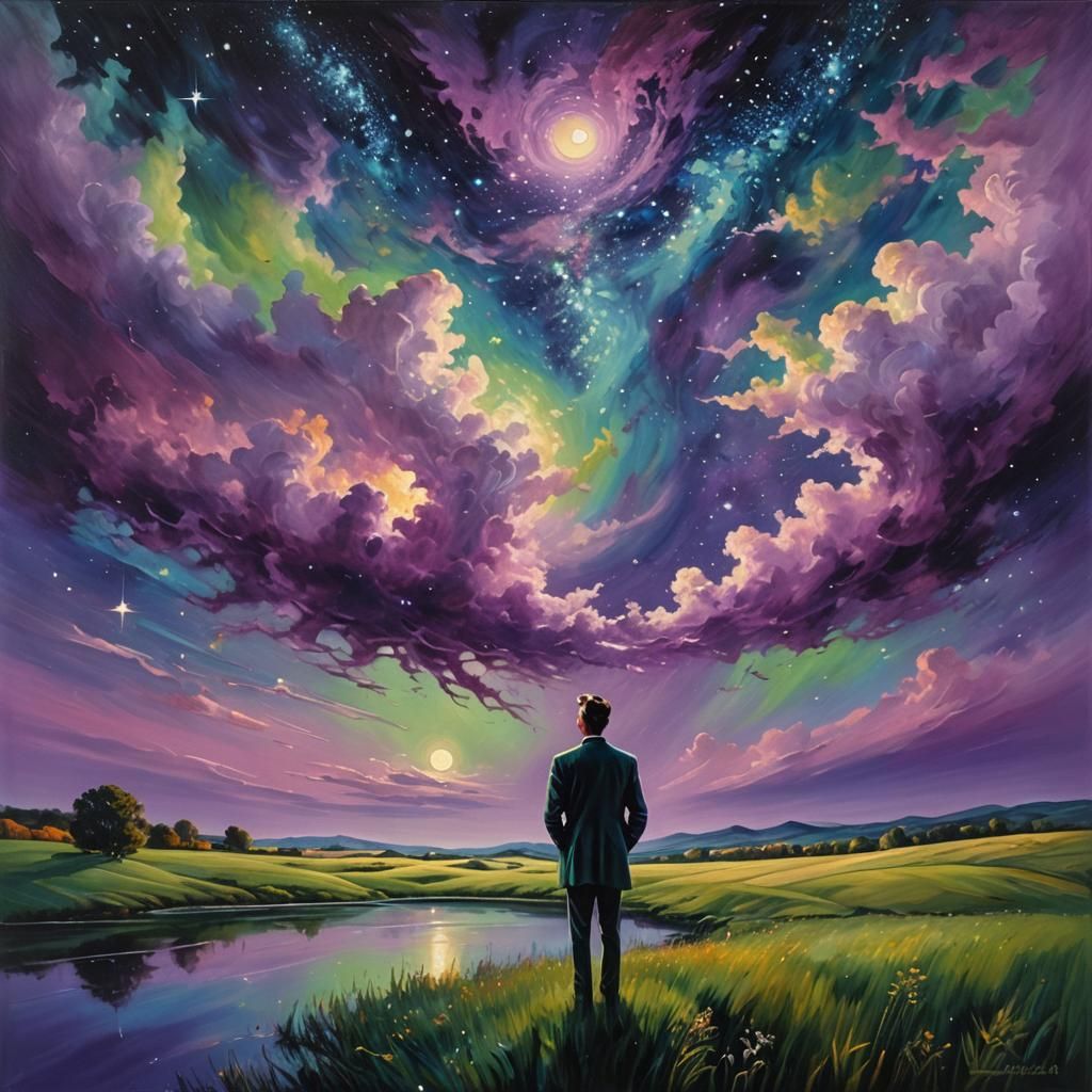 Man Gazing at Starry Night Sky in Surrealist Style