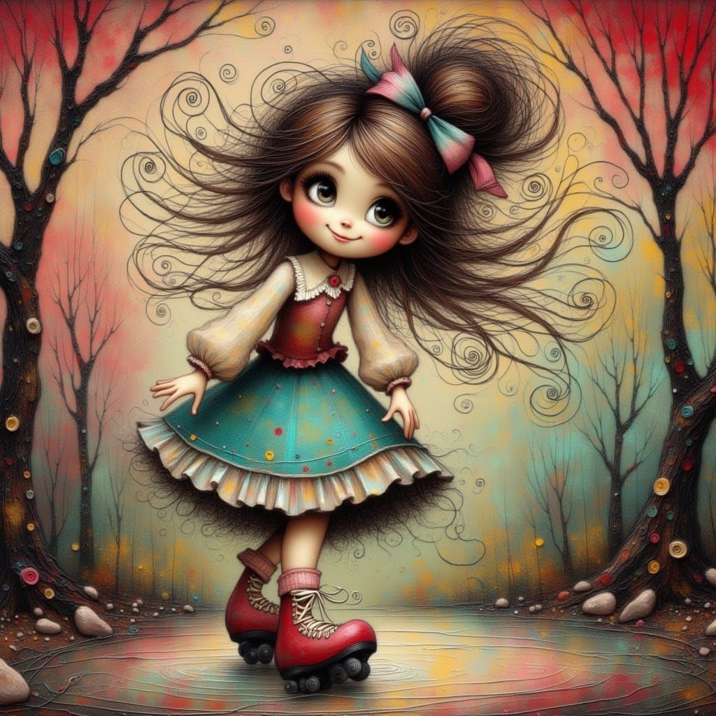 Quirky Girl on Roller Skates in Chalk Art Style