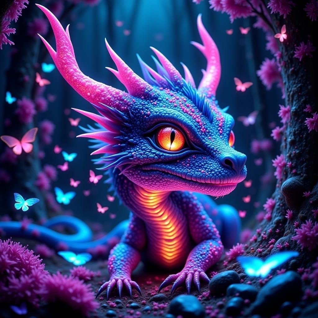 Neon Bioluminescent Dragon Portrait in Magical Forest