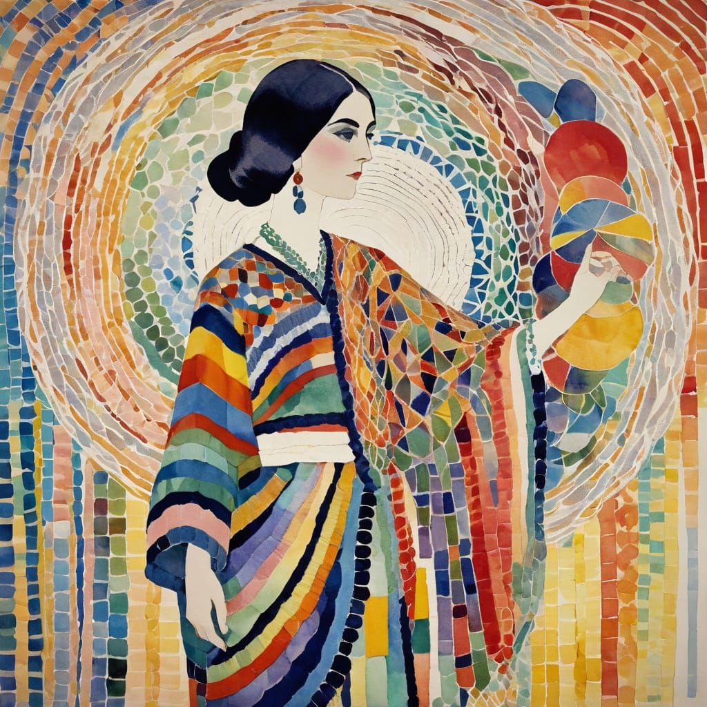 Woman in Macramé Garment with Pastel Gradients