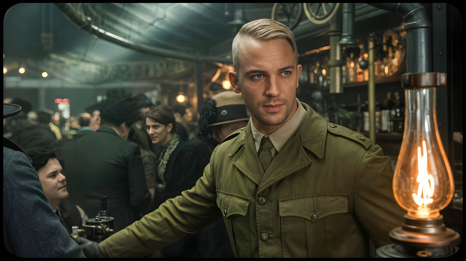 WWI Soldier in Steampunk Bar Cinematic Still