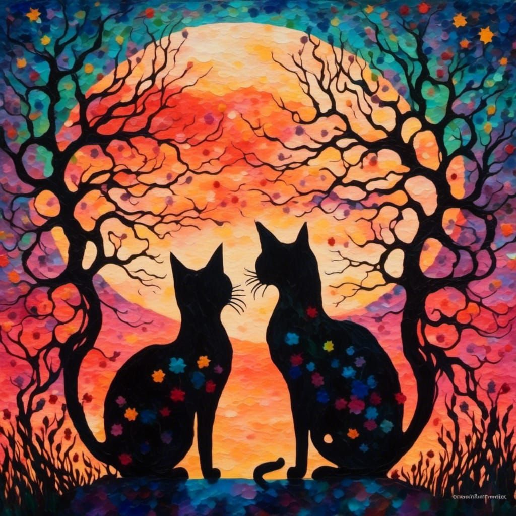 Cats Silhouettes at Sunset in Neo-Impressionism Style
