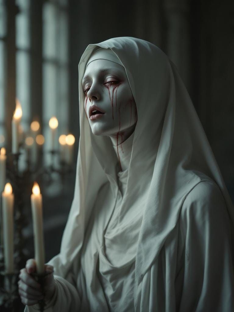 Eerie Porcelain Nun Weeping Blood Tears in Dark Realism