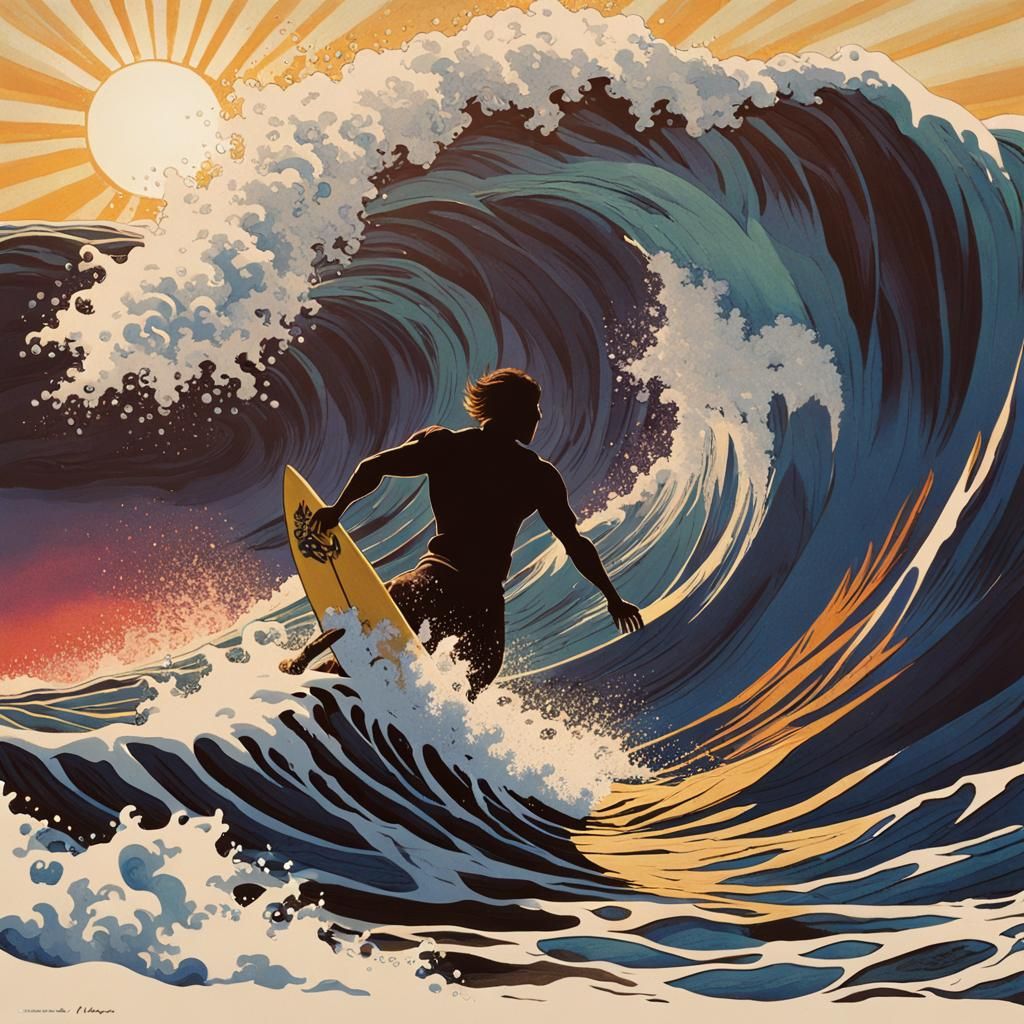 Surfer Rides Massive Wave in Expressionist Style