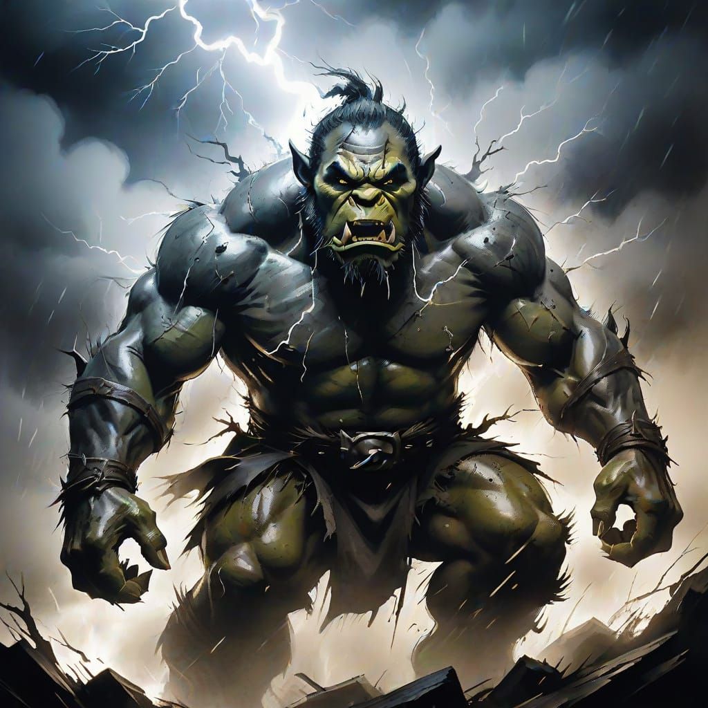 Orc Struck by Lightning in Sumi-e Style