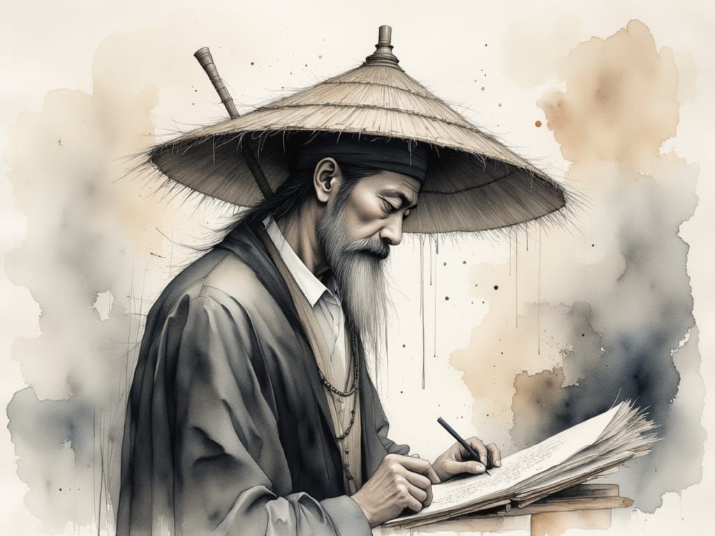 Chinese Man Practicing Calligraphy in Watercolor Sketch