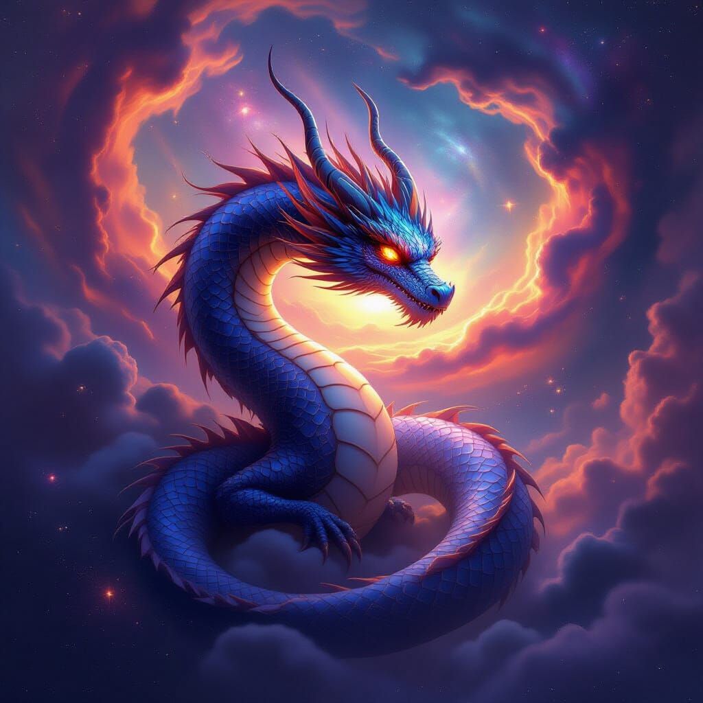 Celestial Dragon Coiled Around Nebula in Epic Fantasy Art