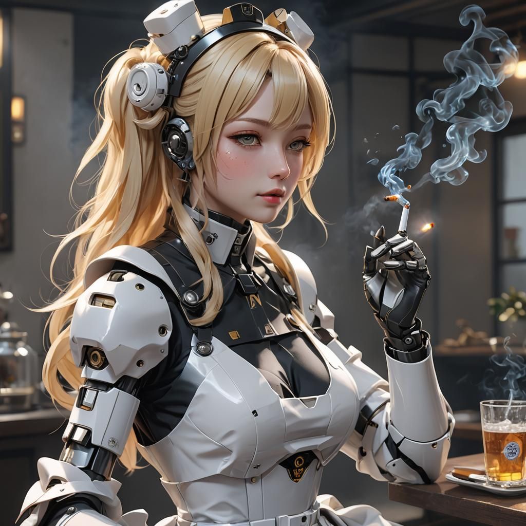 Anime Robot Maid Smoking Cigarette in 8K