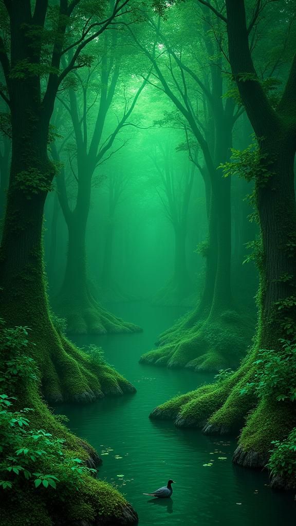 Luminescent Emerald Landscape in Art Nouveau Style